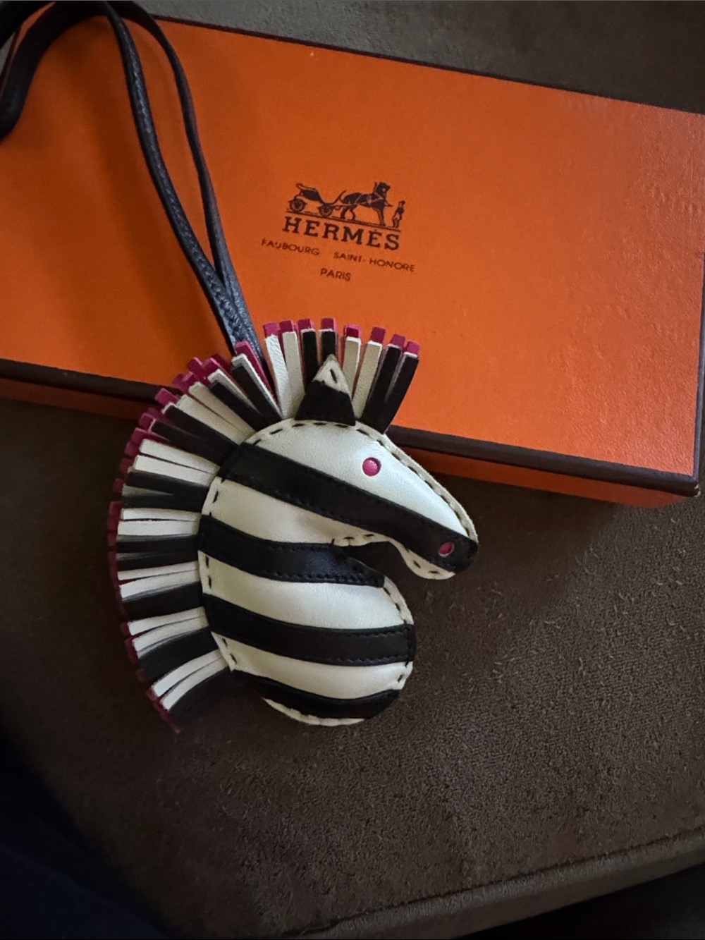 Hermes Zebra Leather Bag Charm - Black, White & Pink In Like New Condition W Box